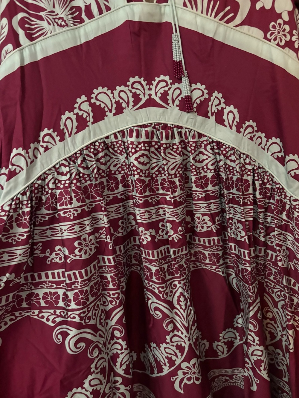 FARM Rio X Anthropologie Burgundy and Blue V-Neck Puff-Sleeve Midi/Maxi Dress - Picture 8 of 16